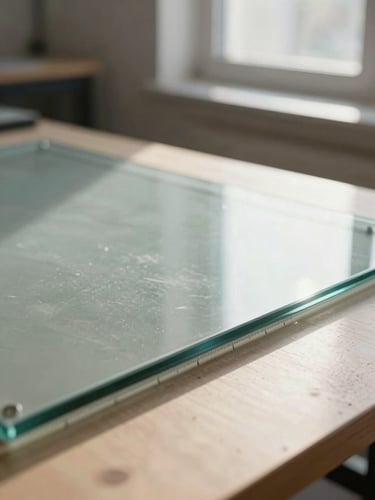 Extreme close-up of a glass panel edge on a drafting table, natural north-facing window light raking across the surface, precise measurement markings visible along the edge, clean studio background