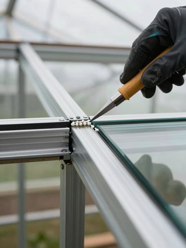 Close macro shot of glazing bar and glass panel joint being sealed during greenhouse installation, natural overcast daylight, gloved hands applying precision bead, structural aluminum framing in background