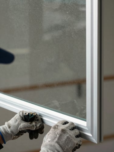 Close-up portrait-orientation shot of a glass panel being set into an aluminum frame during installation, natural daylight catching the surface, installer's gloved hands at the lower edge, precision framing visible