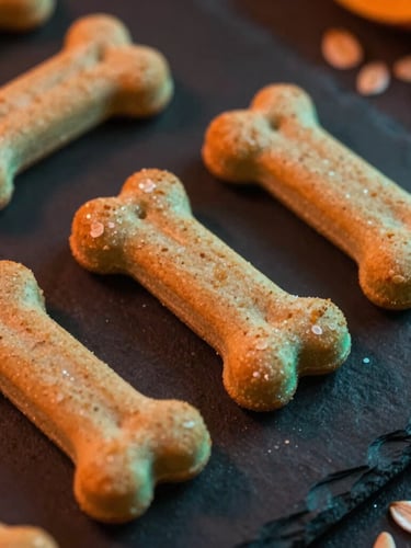 Macro shot of freshly baked organic dog biscuits in the shape of bones on a dark slate plate, warm orange neon glow, scattered oats and pumpkin seeds, moody atmosphere, 35mm