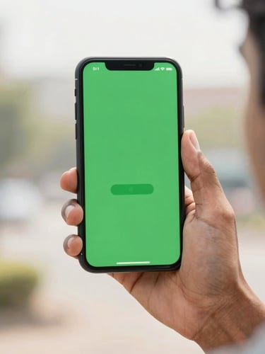 A close-up of a young Indian adult holding a smartphone showing a simple green investment interface, bright natural daylight, optimistic tones