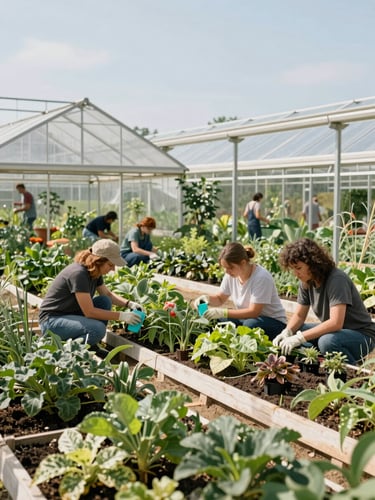 A wide environmental shot of community members collaborating in a vibrant community garden greenhouse under clear daylight, natural unedited lighting.