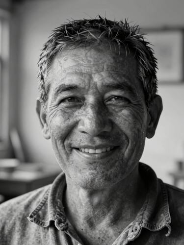 Close-up black and white portrait of a local community leader smiling warmly in a sunlit workshop, natural daylight, soft shadows.