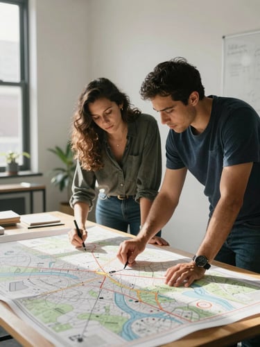 A candid medium shot of two community organizers collaborating over a large table map in a sunlit Atlanta studio, natural daylight, unedited.