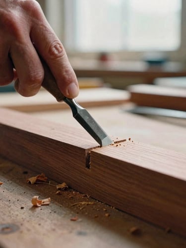 Close-up of a woodworker's hand using a sharp chisel to clean out a mortise joint in a piece of cherry wood, wood shavings on the workbench, soft side light, 35mm film look