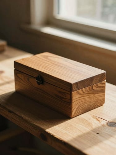 A close-up of a hand-carved wooden memory box sitting on a rustic cedar bench, warm golden-hour sunlight casting long soft shadows, editorial photography.