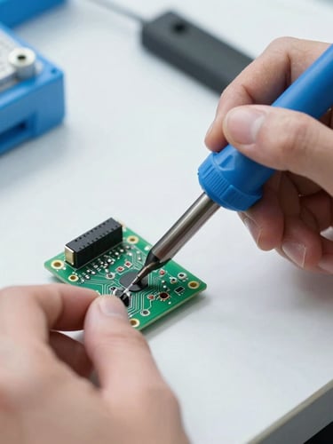 Close-up macro shot of a technician's hands repairing a green circuit board with a soldering iron, bright clean workshop lighting, clean blue and white tones, 50mm lens.