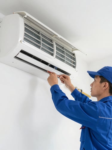 A technician in a blue uniform installing copper pipes for a split air conditioner on a clean white wall, bright natural daylight