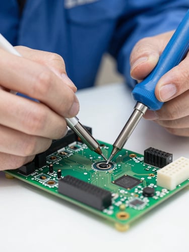 A professional technician carefully repairing a green circuit board with a soldering iron under bright workshop light, close-up macro shot