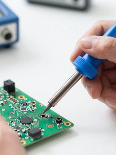 Macro shot of a technician's hands using a fine soldering iron on a green television circuit board, bright natural workshop light, shallow depth of field.