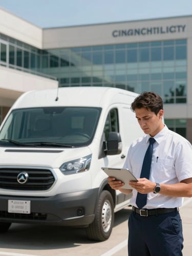 Bright natural daylight shot of a clean, branded late-model transport vehicle parked in front of a modern Cincinnati medical center, a professional driver in a neat uniform checking a schedule tablet.