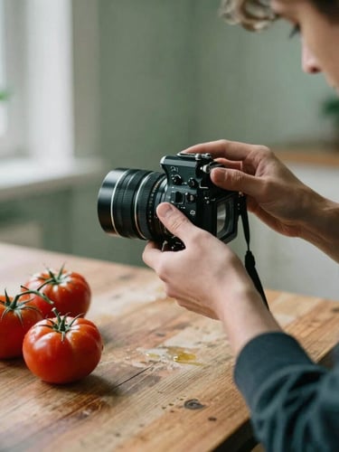 Candid behind-the-scenes shot of a photographer adjusting a vintage lens over a rustic table of heirloom tomatoes, soft Scandinavian daylight, rich crimson tones, shallow depth of field, 35mm.