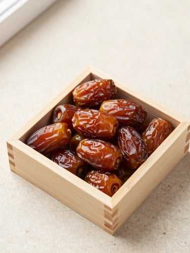 Overhead flat-lay of a minimalist wooden gift box filled with individually wrapped premium dates on a neutral stone surface, soft morning light.