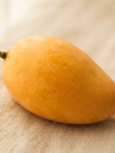 Macro close-up of a pristine, unblemished golden mango on a cream linen background, soft diffused window light, rich warm tones, shallow depth of field.