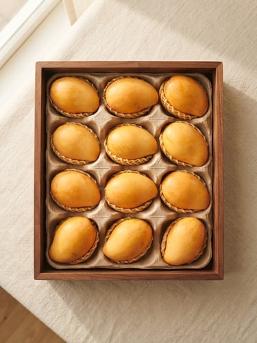 Overhead flat-lay of a premium wooden gift box filled with individually cradled golden mangoes on a cream linen background, soft window light.