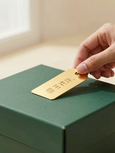 A close-up of a hand placing a gold-embossed brand tag onto a premium forest-green gift box, elegant fingers, soft focus, luxury aesthetic, premium editorial food photography