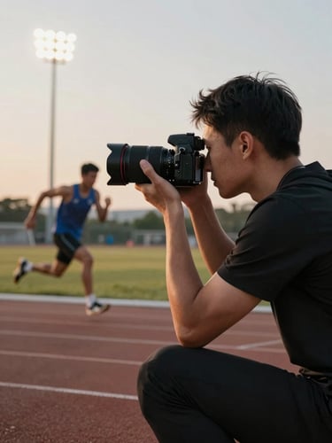 Close-up medium shot of a content creator crouching trackside at a training ground, professional camera raised to eye level, lens focused toward an athlete mid-sprint in the blurred background, stadium floodlights overhead casting sharp controlled light, golden-hour warmth bleeding in from the left edge, cinematic depth of field