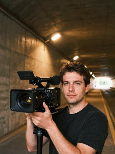 Close-up portrait framing inside a stadium tunnel, a creator holding a professional cinema camera at shoulder height, stadium floodlights casting a deep amber streak across the concrete wall behind, lens catching a sharp catch-light, figure in sharp focus against dark tunnel depth — cinematic, high-contrast, no direct eye contact with camera