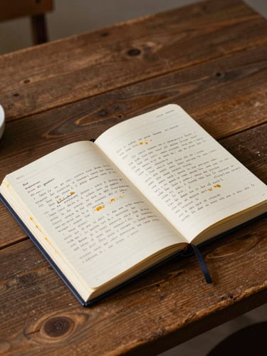 Vista perpendicular y cenital de un cuaderno de notas abierto sobre una mesa de madera rústica, con anotaciones manuscritas legibles en español, manchas de óleo ocre en los bordes del papel, luz natural difusa.