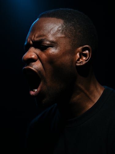 Dramatic close-up of a performer mid-delivery in a dark studio, face partially lit by a single electric-blue spotlight from above-left, jaw open in an intense lyrical moment, background completely black, high contrast
