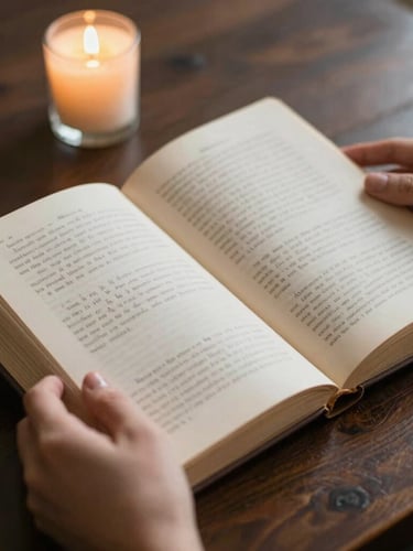 A close-up, shallow depth of field shot of hands holding an open vintage hardback book over a dark wooden table, soft flickering candlelight illuminating handwritten notes in the margins.