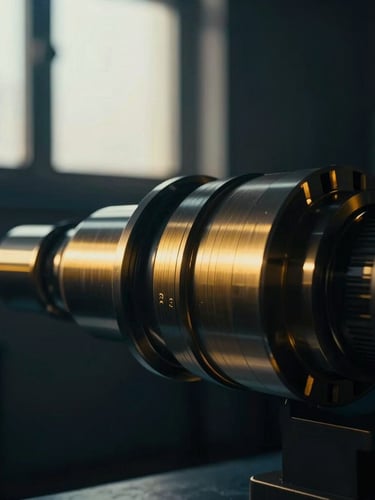 Close-up of precision-machined aerospace component, dramatic low-key window light, deep navy and warm gold tones, shallow depth of field, off-center composition.