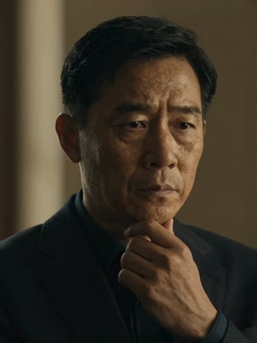 Close-up, off-center portrait of a leader in deep thought, dramatic low-key side-lighting, deep navy and warm gold tones, cinematic crop, shallow depth of field, conveying focus and strategic thinking.