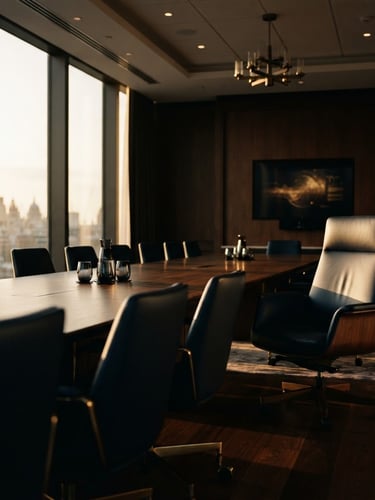 Wide cinematic shot of an empty, high-stakes boardroom at golden hour, dramatic low-key window light, deep navy and warm gold tones, shallow depth of field, off-center composition with a single executive chair in the right third, a subtle abstract screen graphic on a monitor in the background, conveying institutional trust and absolute discretion.