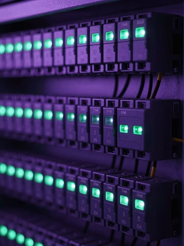 Macro detail shot of a meticulously wired PLC cabinet, cool purple and forest green status LED lights glowing in a dark control room, sharp 35mm focus