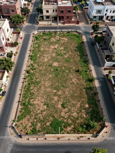 Aerial photograph looking straight down at a surveyed residential plot in Sector 105 Mohali — boundary markers visible at corners, adjacent road freshly laid, neighbouring completed villas in background, natural daylight, no people
