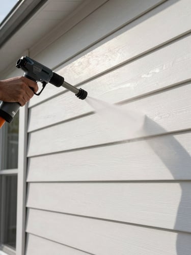 Crisp architectural detail of high-end modern home siding, bright morning sun reflecting off clean white panels, professional soft-washing nozzle applying gentle mist.