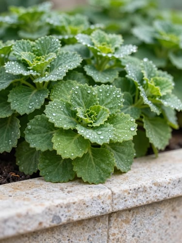 Macro shot of vibrant green ornamental garden plants next to a clean stone foundation, morning dew, crisp focus.
