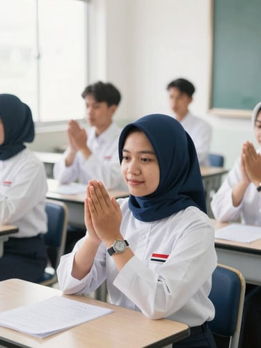 Indonesian candidates in clean white training uniforms practicing Japanese phrases in a bright, modern classroom under natural daylight, sharp focus, 35mm