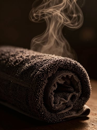Macro photograph of warm steam rising from a dark rolled cotton towel, low-key dramatic side-lighting, amber glowing tones, shallow depth of field, 35mm