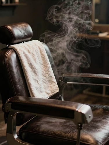 Low-key dramatic side-lighting on a heavy leather barber chair, steam rising from a hot towel in the background, moody charcoal tones, shallow depth of field, 35mm editorial photography
