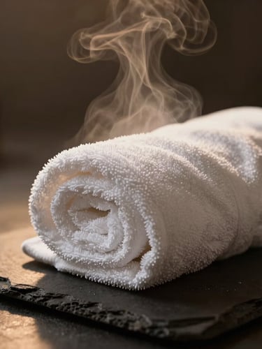 Tight macro shot of steam rising from a rolled white hot towel on a dark slate surface, warm amber backlighting, shallow depth of field, 35mm