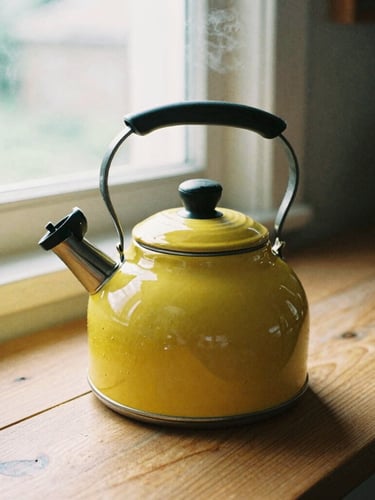 Close-up of a warm mustard yellow ceramic kettle steaming on a rustic wooden counter, soft morning sunlight streaming through a nearby window, cozy 35mm film style.