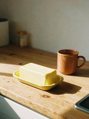 A warm, bright kitchen scene with indirect sunlight hitting a mustard yellow butter dish and a terracotta mug on a slightly messy wooden counter, 35mm film style.