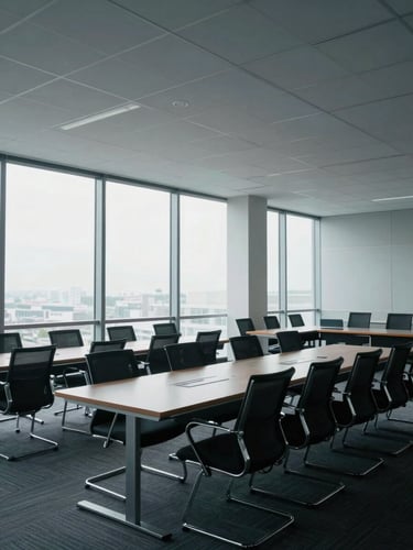 Wide shot of a structured corporate conference room interior, long table with aligned chairs, cool even daylight through floor-to-ceiling windows, architectural lines of ceiling grid visible, no people, geometric order