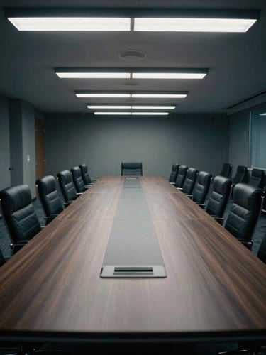Wide shot looking down a long corporate conference table, cool overhead fluorescent light, empty leather chairs in precise alignment, architectural geometry of the room dominant, muted navy and gray tones