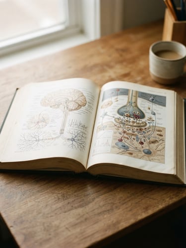 A close-up of an open neuroscience textbook on a clean wooden desk, soft diffused morning light casting gentle shadows, editorial 35mm photography
