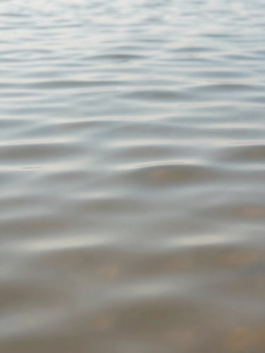 Extreme close-up of soft ripples expanding on calm water, diffused morning daylight, muted slate and sand tones, shallow depth of field, 35mm