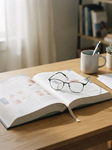 A clean, modern study desk with an open clinical textbook, a pair of minimalist glasses, and a soft shadow cast by diffused natural daylight, 35mm, warm sand and muted slate tones.