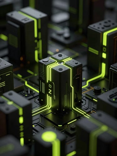Macro close-up of digital structures, high-contrast low-key dramatic studio lighting, deep shadow with neon lime accents, cinematic 3D render