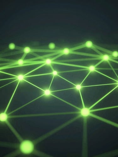 A wide-angle abstract network node schematic, glowing lime green terminal lines, deep charcoal background, cinematic 3D render, 8k
