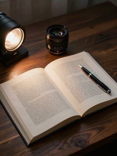 Wide editorial flat lay on a dark wooden desk, an open manuscript beside a finished hardcover book, a pen resting on the pages, warm studio light from the left, muted and restrained tones