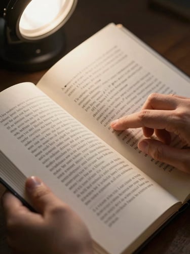Close-up of hands holding an open proof copy of a book, fingers tracing a paragraph on the page, warm studio light from the upper left, charcoal ink visible on cream paper, restrained and editorial
