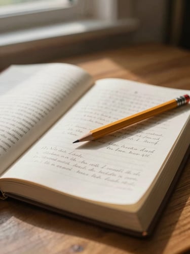 Close-up of an open manuscript on a wooden desk, a pencil resting across handwritten margin notes, warm north-facing window light casting soft shadows across the pages