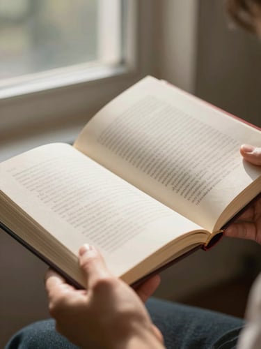 Close-up of a reader's hands holding an open hardcover book, natural north-facing window light falling across the pages, warm off-white paper texture visible, charcoal and red spine detail in soft focus behind