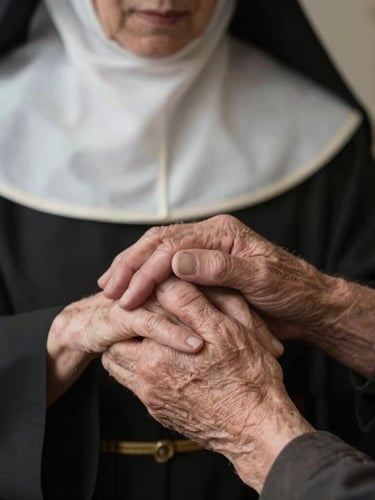 Primer plano de las manos de una religiosa sosteniendo con extrema ternura y respeto la mano de un adulto mayor, iluminación suave y natural.